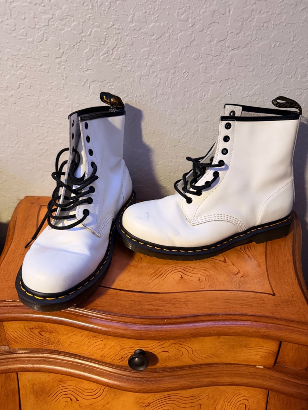 Dr. Martens White Leather 8-Eye Lace-Up Boots with Black Laces